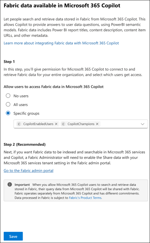 Screenshot: Image showing steps on how to make Fabric data available in Microsoft 365 Copilot.