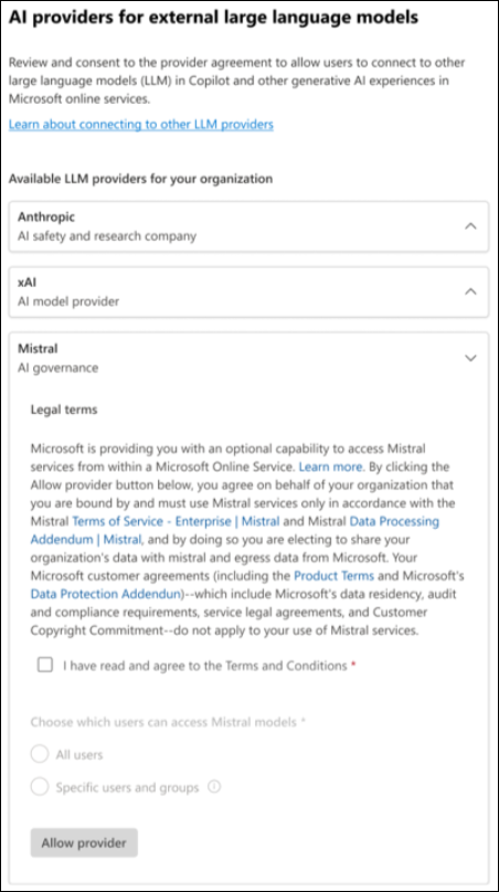 Screenshot: Image showing Mistral LLM provider page in the Microsoft 365 admin center.
