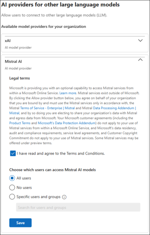Screenshot showing Mistral LLM provider page in the Microsoft 365 admin center.