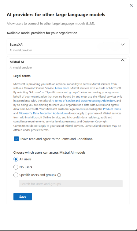 Screenshot of the UI to configure the use of Mistral AI models in the Microsoft 365 admin center