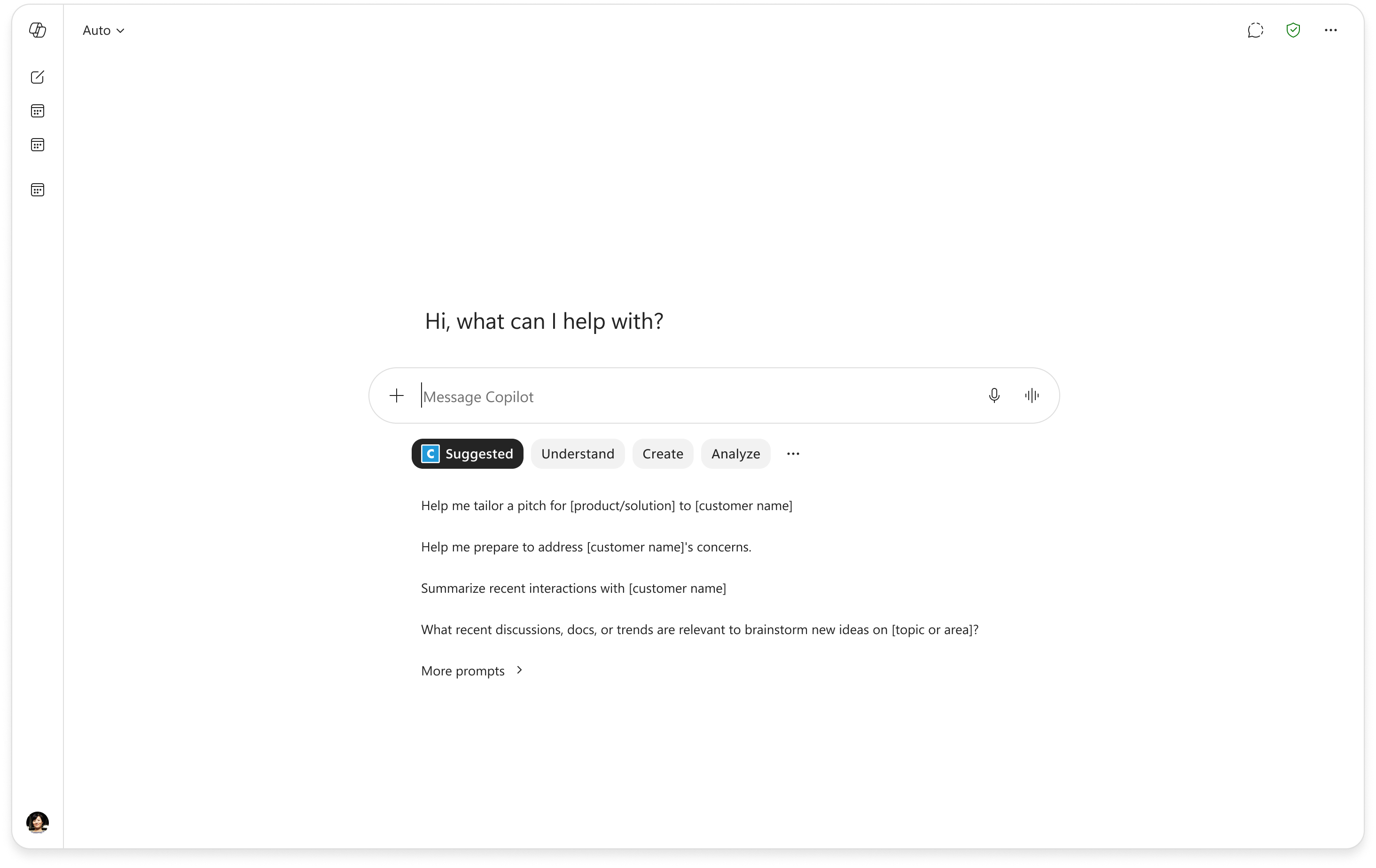 Copilot home interface showing the suggested button with a list of the four pinned organizational prompts