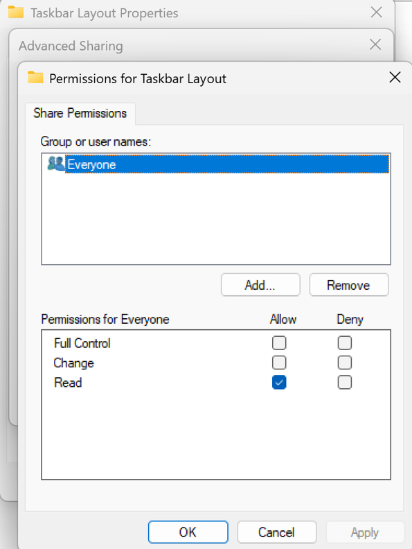 Screenshot that allows read permission to the shared folder.