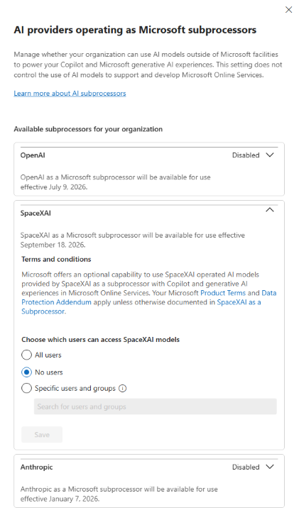 Screenshot of the UI to configure the use of SpaceXAI models in the Microsoft 365 admin center