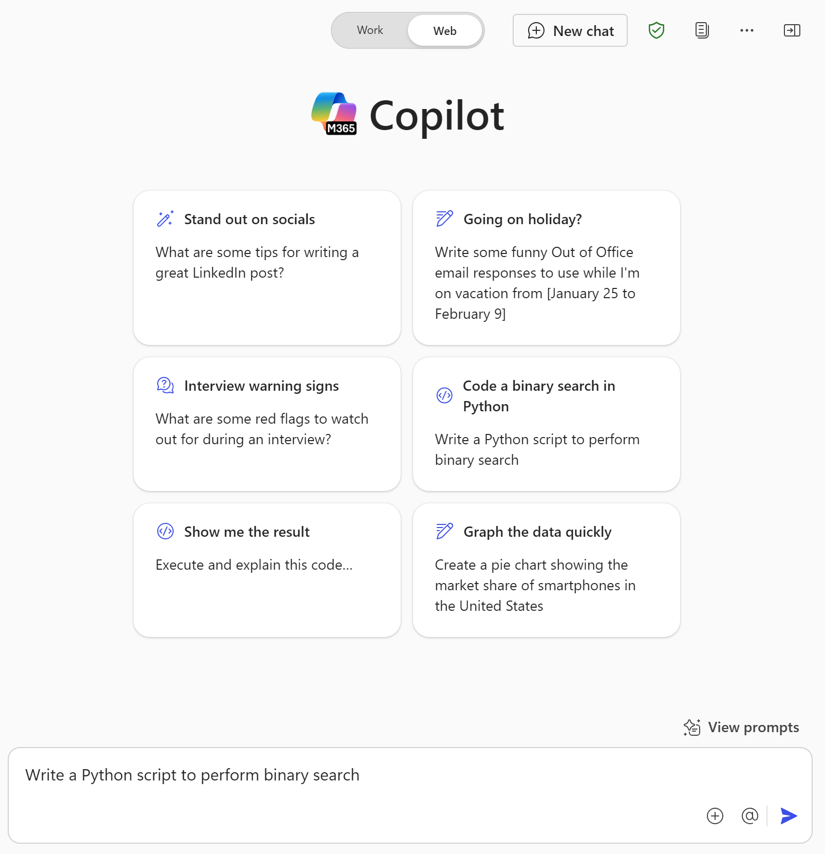 Screenshot that shows Microsoft 365 Copilot and sample prompts that get information from the internet with web-based chat.