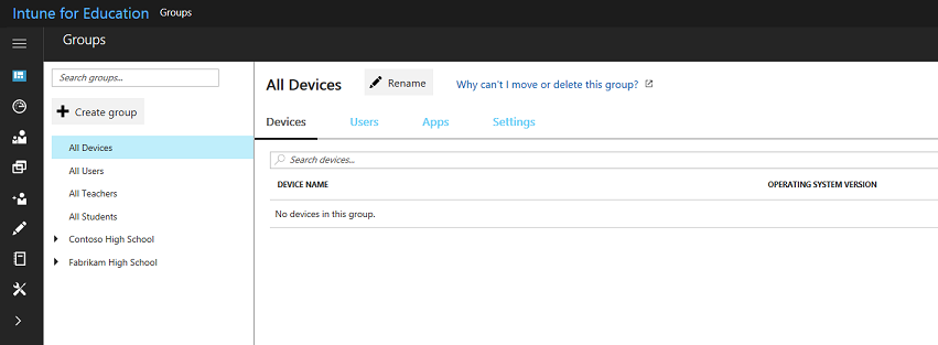 Groups page in Intune for Education.