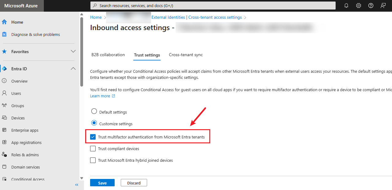 Screenshot that shows Customize the MFA trust settings as needed.