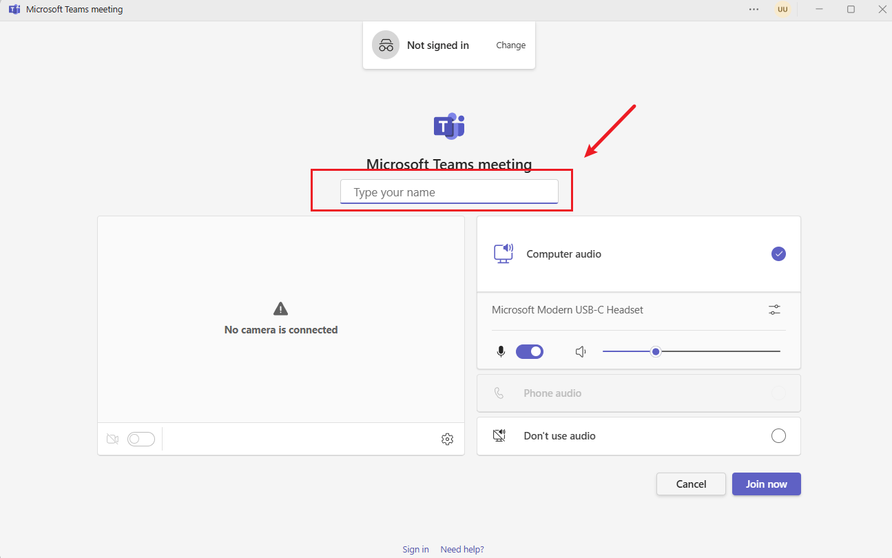 Screenshot that shows User Experience of CCA during meeting pre-join.