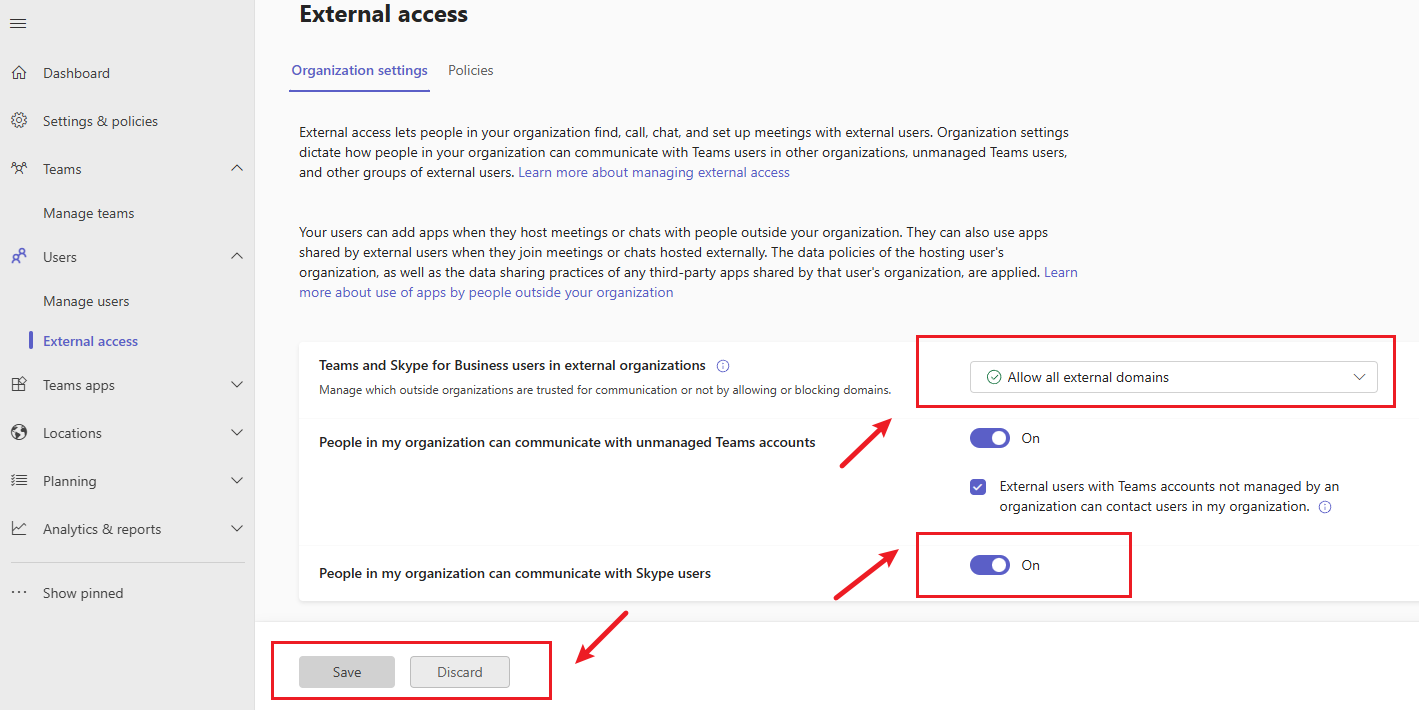 Screenshot that shows How to configure Teams External Access in TAC.