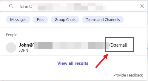 Screenshot that shows How to search the external user in Teams External Access scenario.