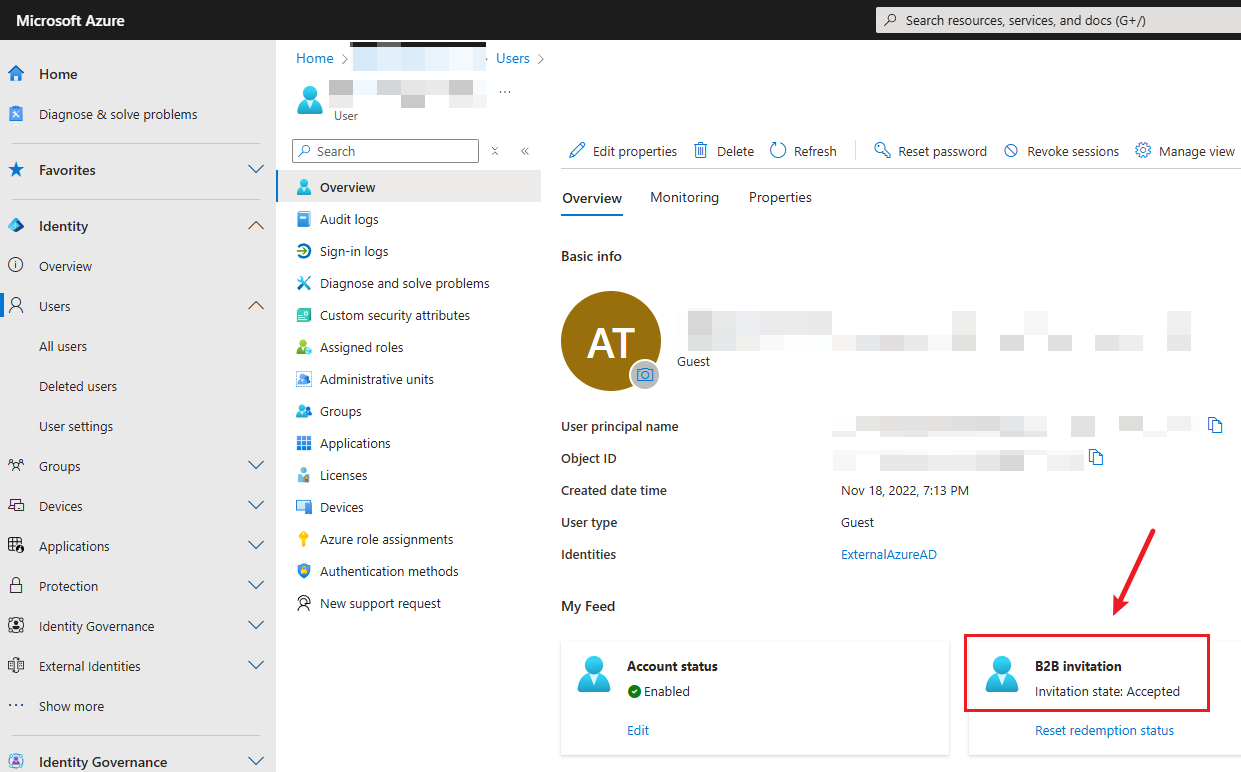 Screenshot that shows B2B invitation status.