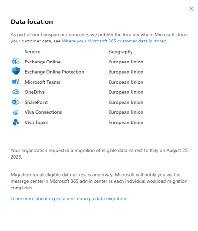 Screenshot of Data Location View Migration Requested.