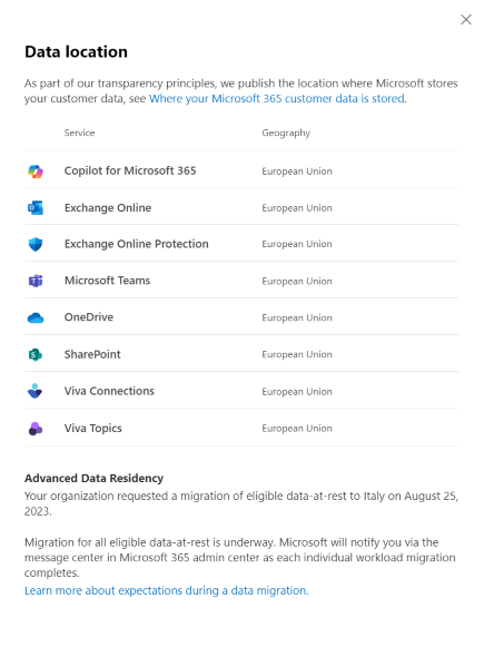 Screenshot of Data Location View Migration Requested.