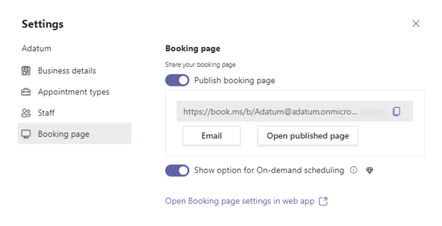 Screenshot of booking page settings.