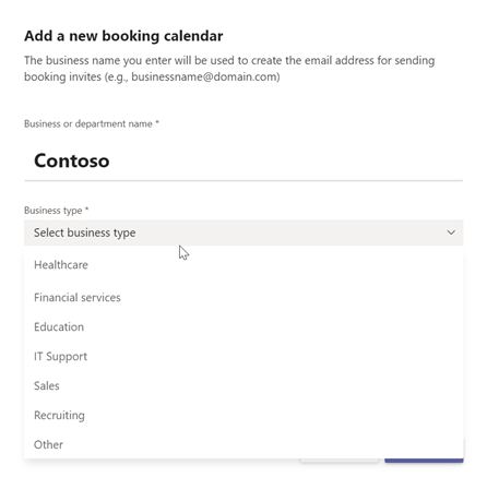 Screenshot of a new booking calendar screen showing business types.