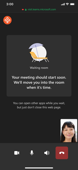 Screenshot of a custom waiting room in Teams when joining from a browser on a mobile device.