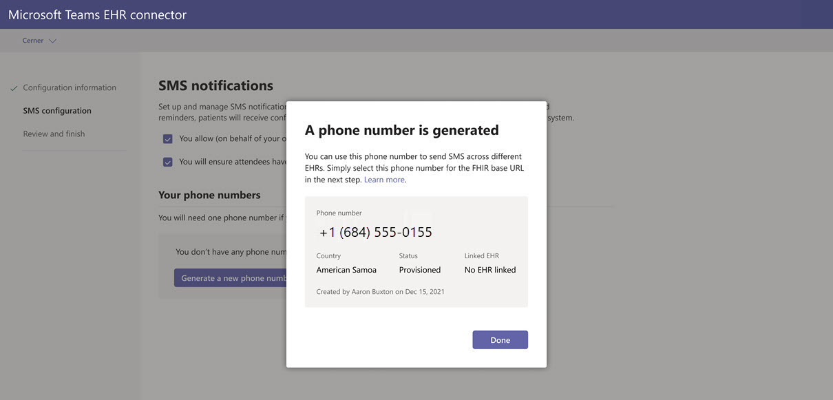 Screenshot showing an example of the phone number that's generated.