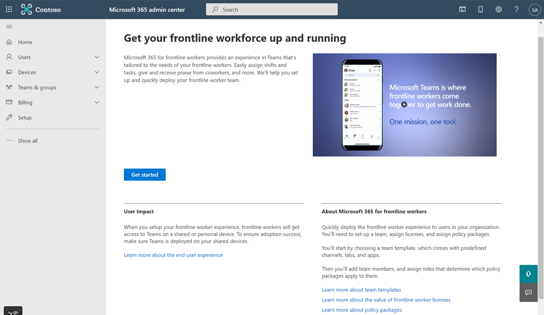 Screenshot of the details page for the Frontline Worker onboarding experience in the Microsoft 365 admin center