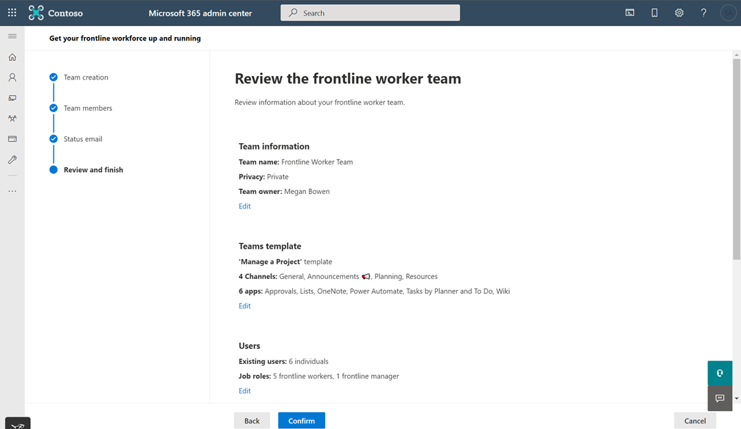 Screenshot of the Review team page of the wizard where you review your team settings