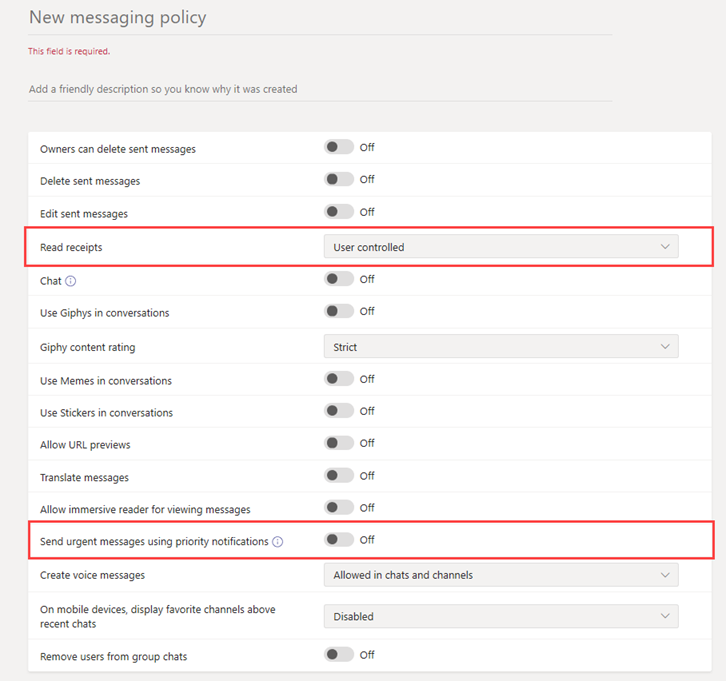Screenshot of messaging policy settings.