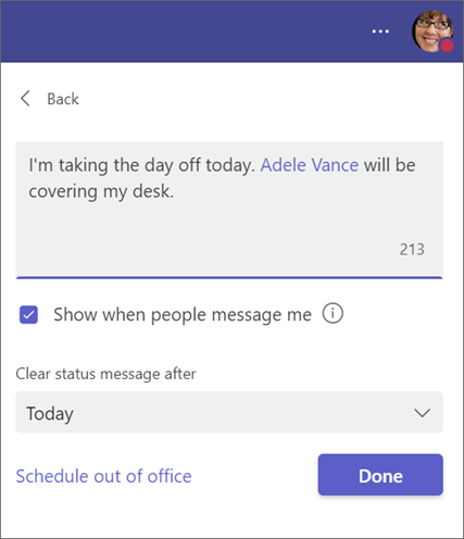 Screenshot of a status message with a user set as a delegate.