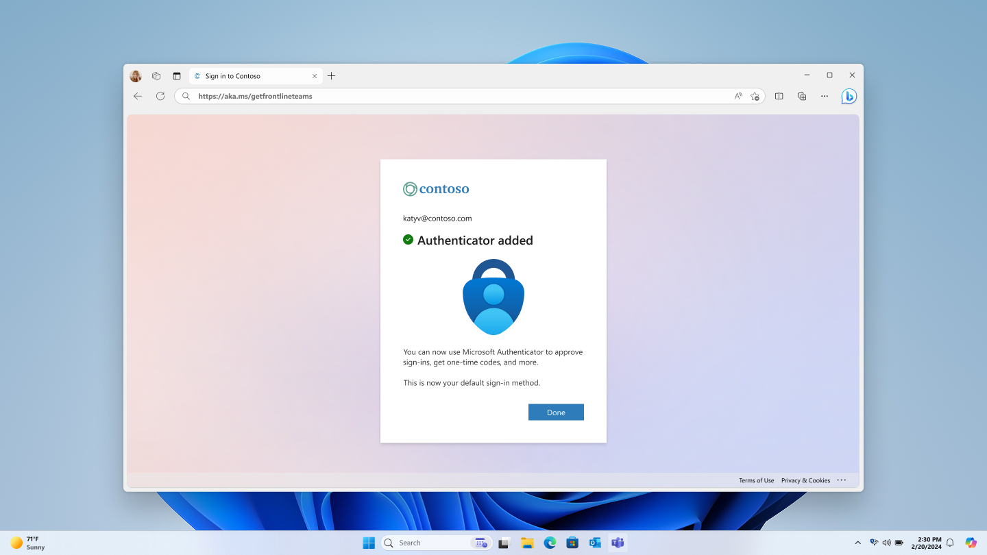Screenshot indicates that Microsoft Authenticator is now set up.