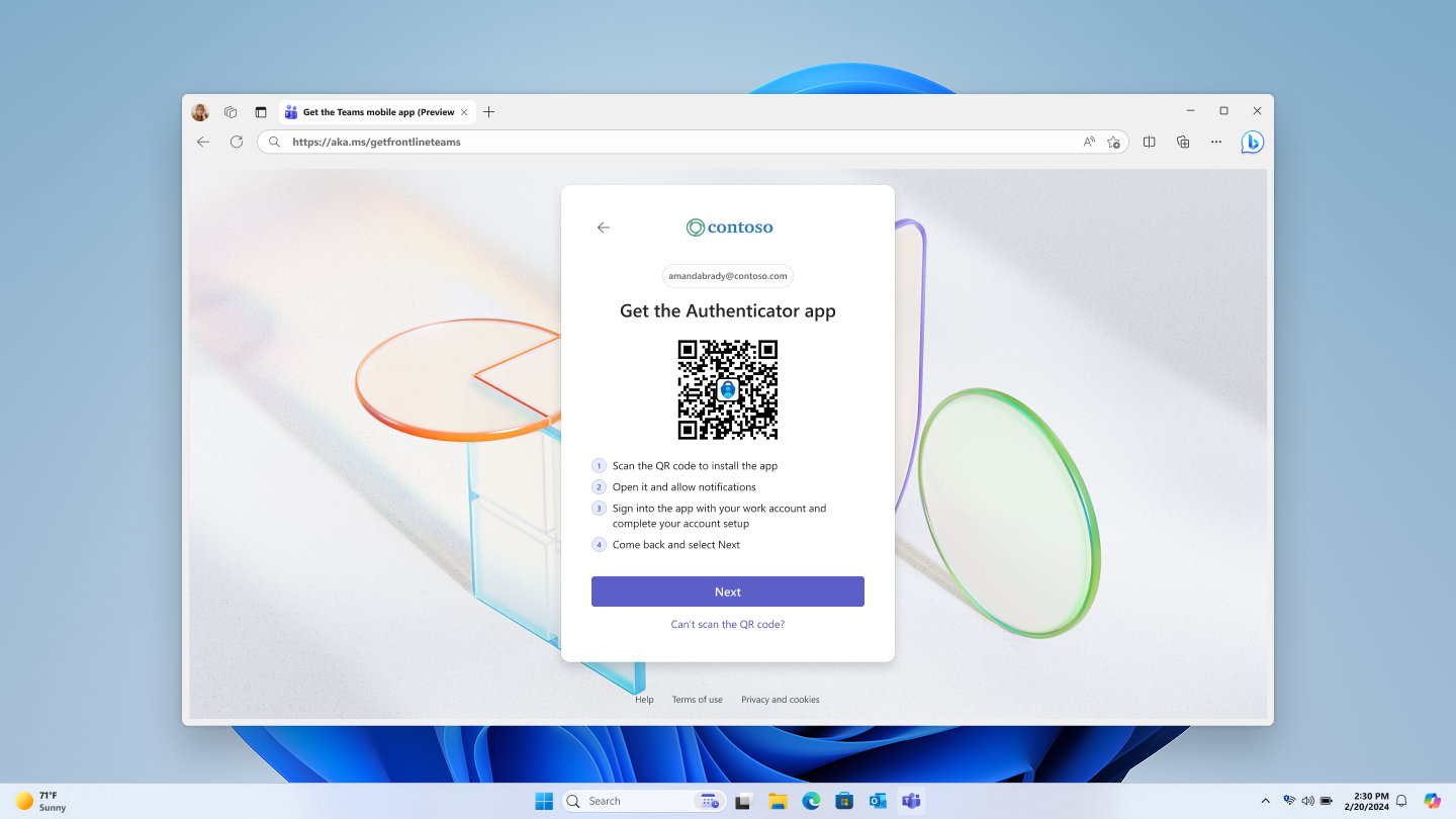 Screenshot shows a QR code to download the Microsoft Authenticator app.