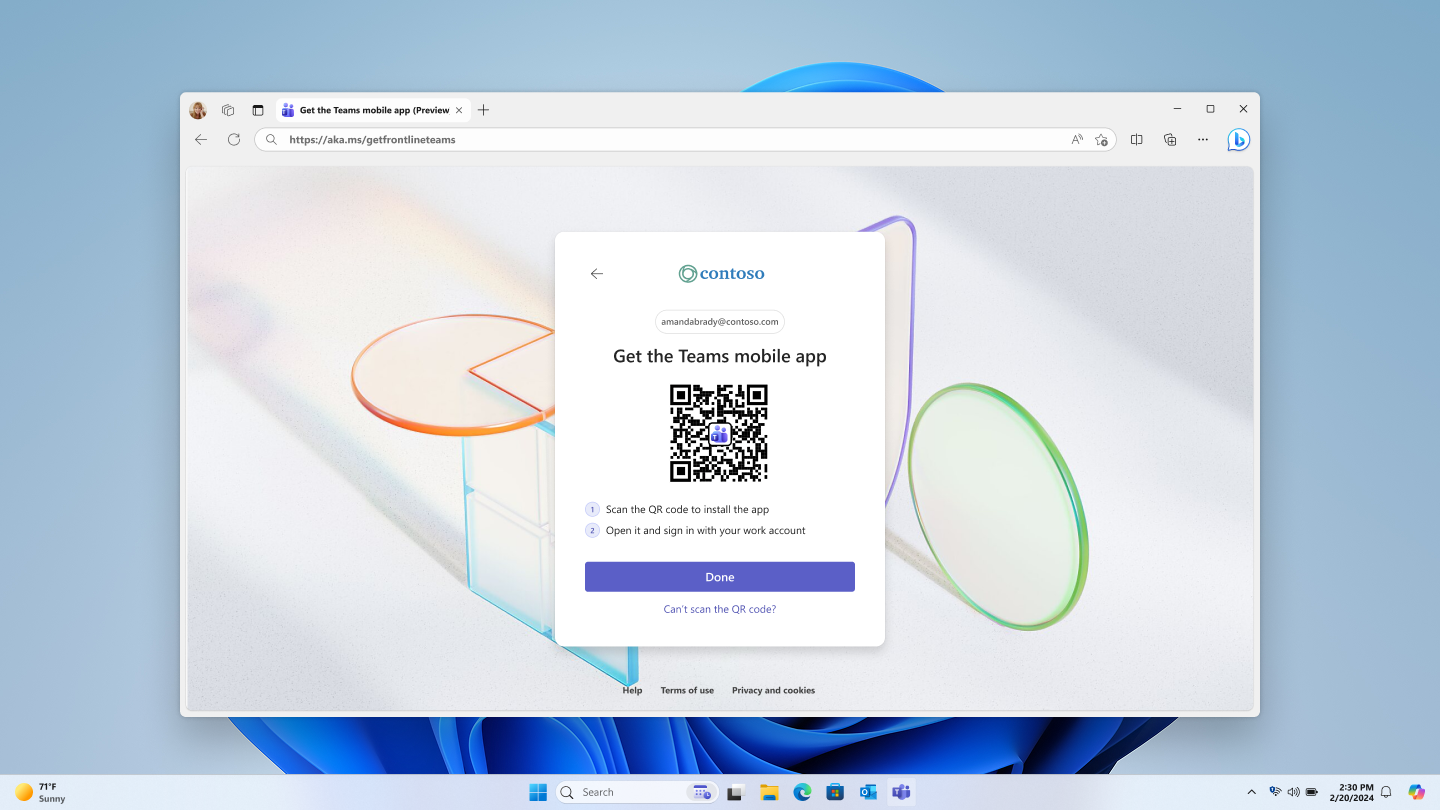 Screenshot shows a QR code for downloading Microsoft Teams and includes sign-in instructions.