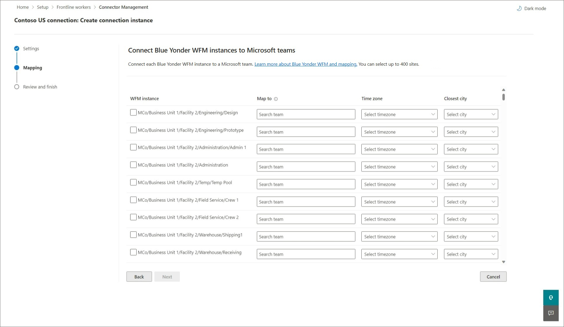 Utilize o assistente do conector Shifts para ligar os Turnos ao Blue Yonder Workforce  Management - Microsoft 365 for frontline workers