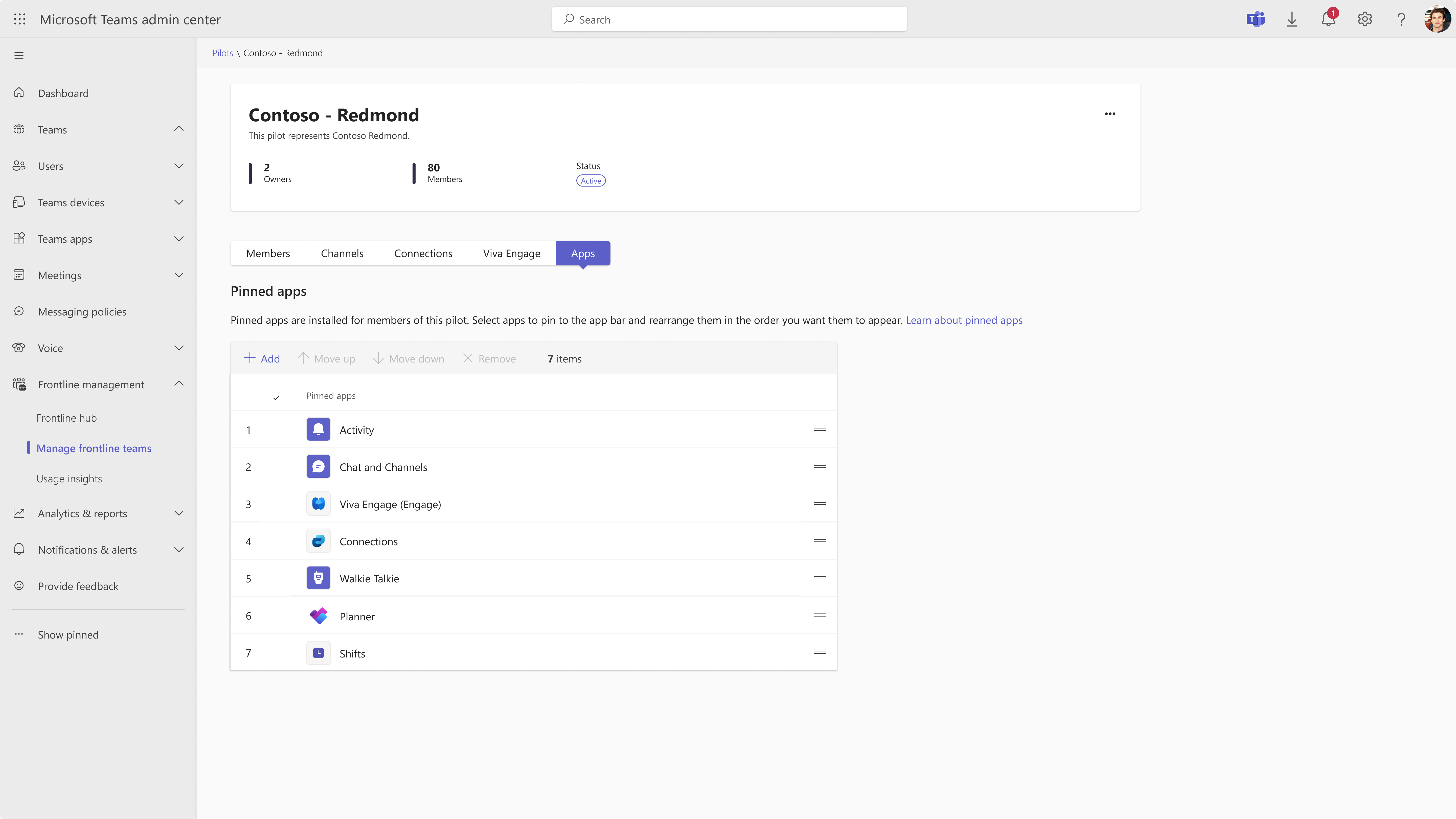 Screenshot of page to manage apps in the pilot.