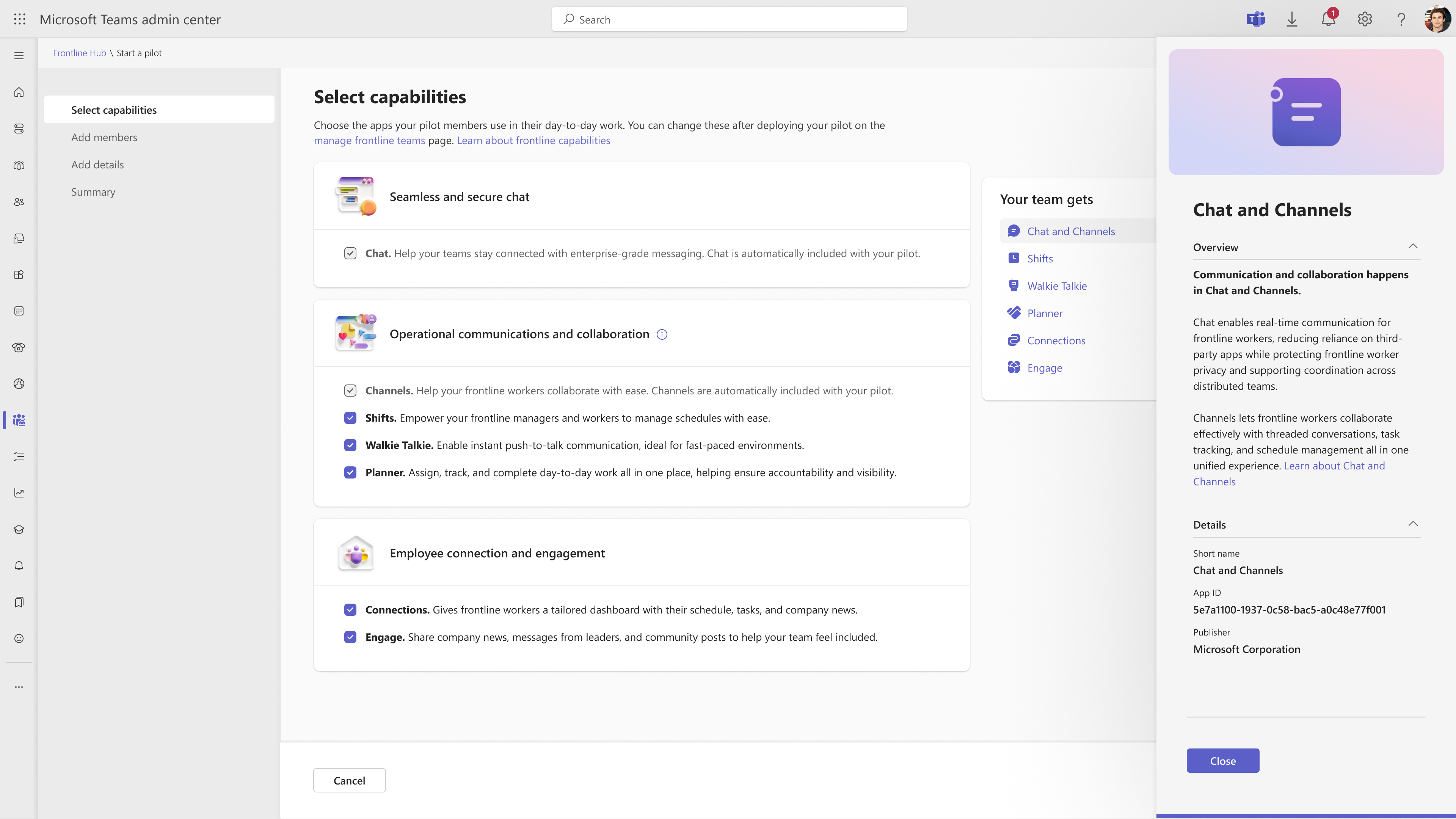Screenshot of step to select capabilities for the pilot.
