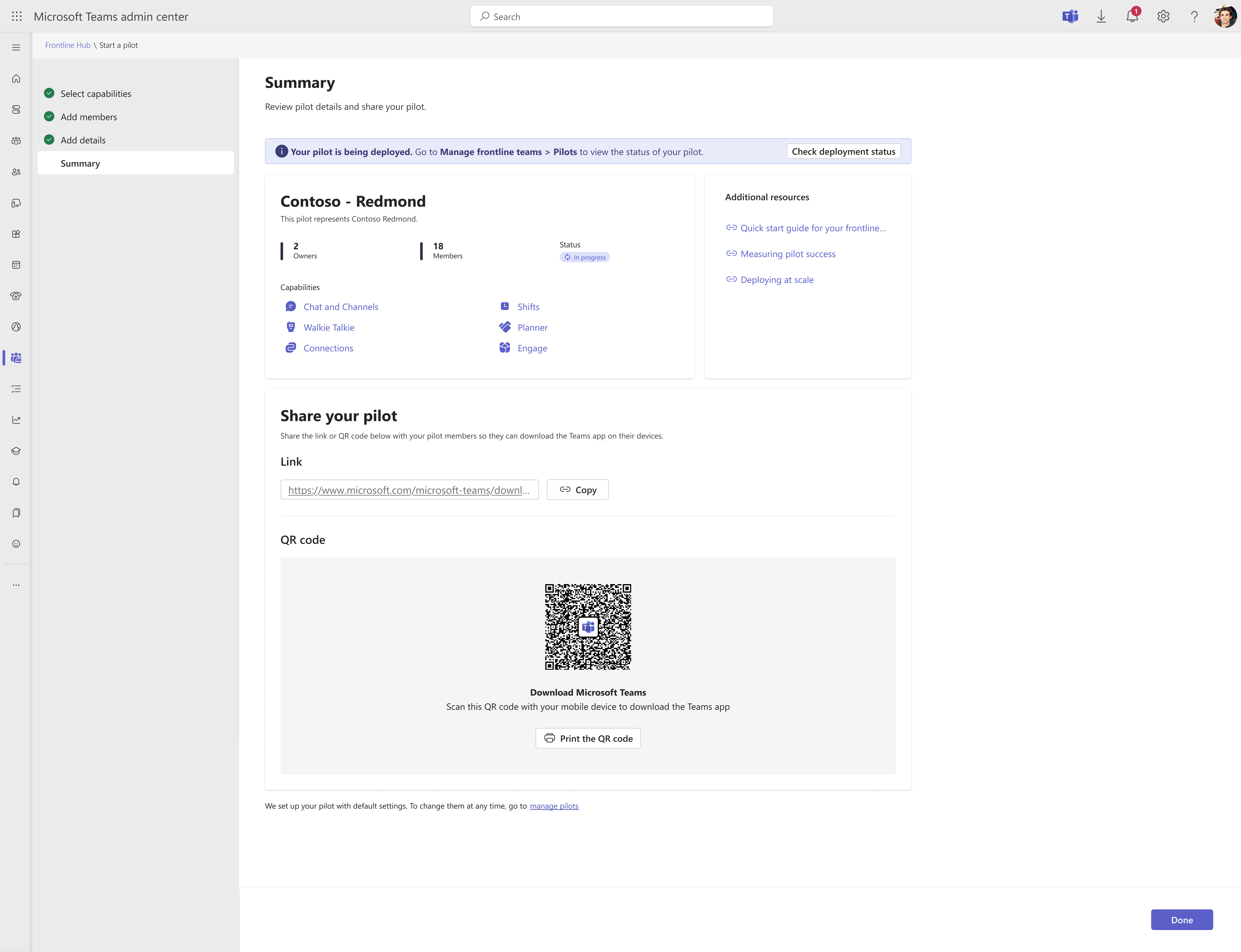 Screenshot of pilot summary page.