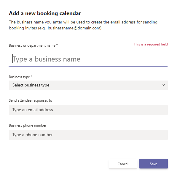 Screenshot of a new booking calendar screen showing business types.