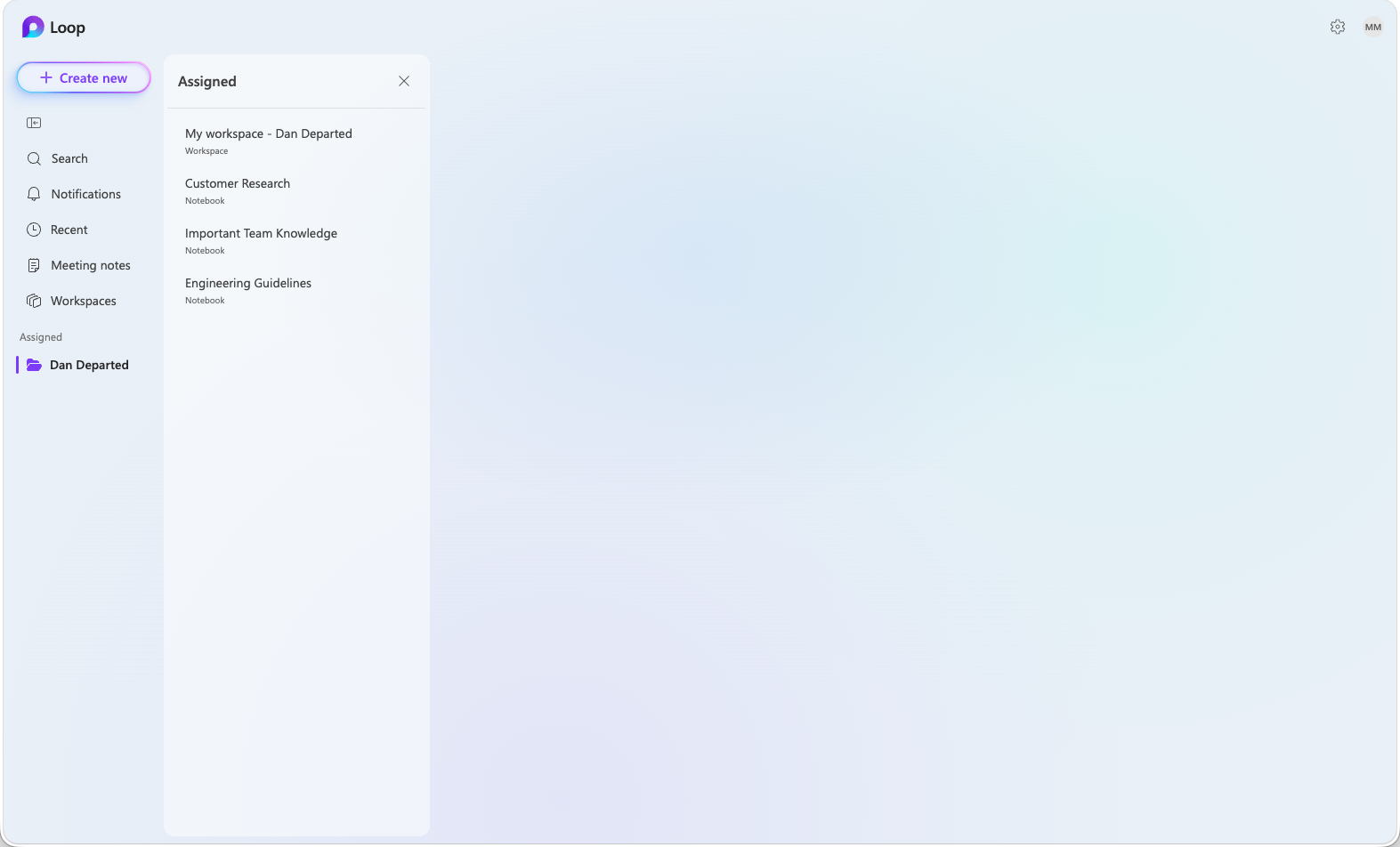 Screenshot showing the Assigned section in the Loop navigation bar with the content list in the center pane.