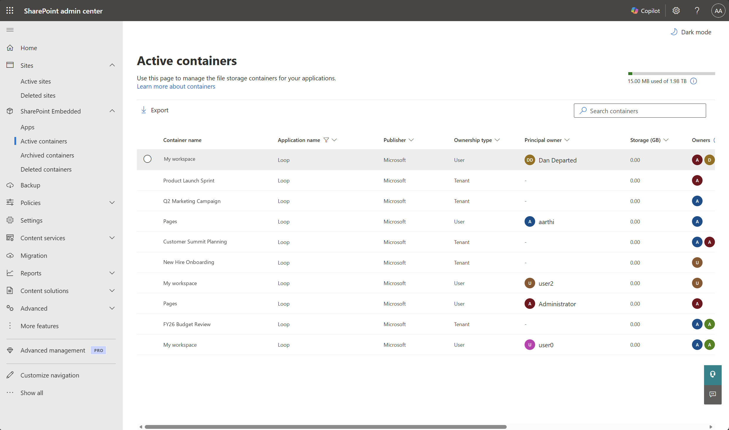 Screenshot showing the Active containers list in the SharePoint admin center filtered to Loop containers.