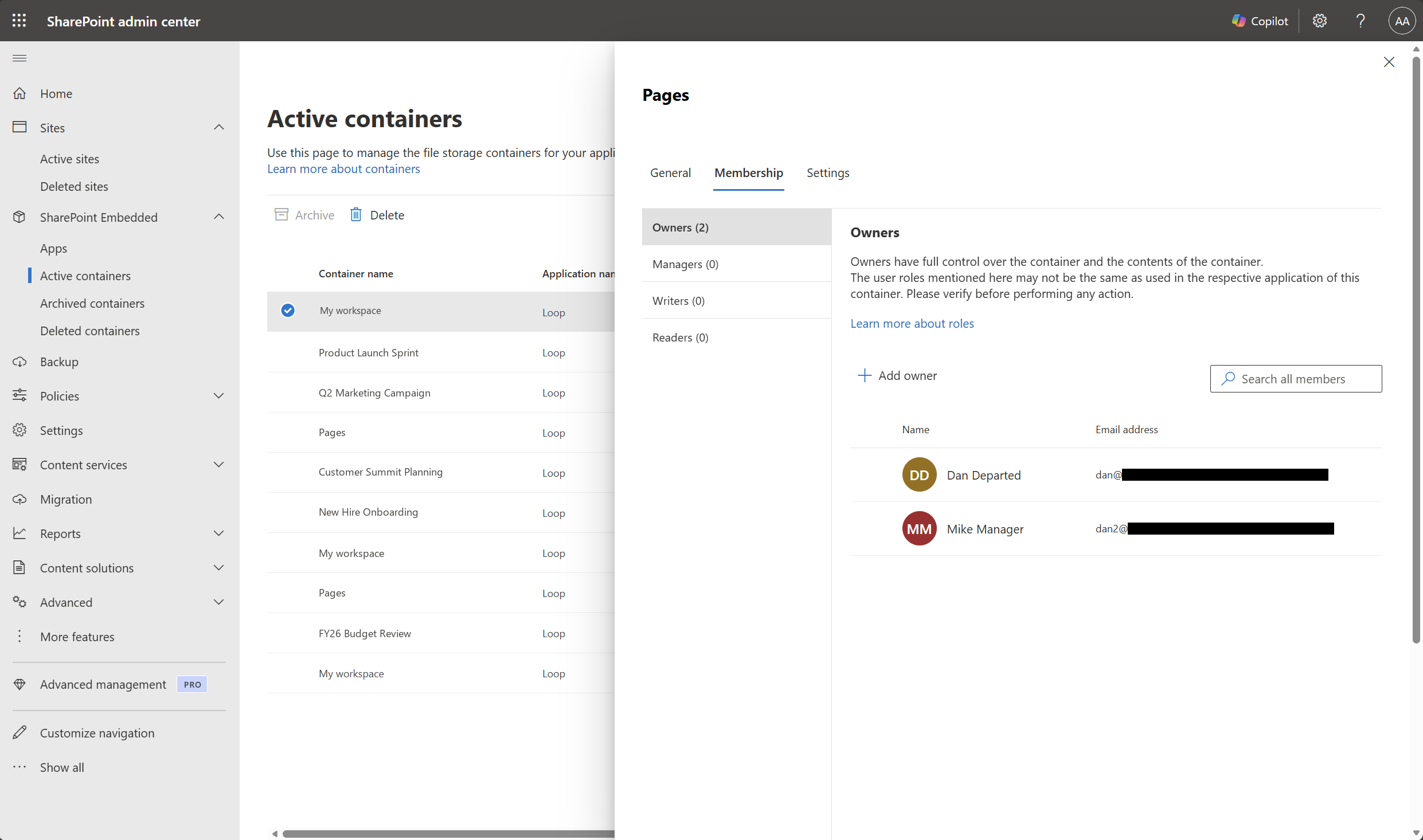 Screenshot showing the Add owner dialog in the container details panel of the SharePoint admin center.