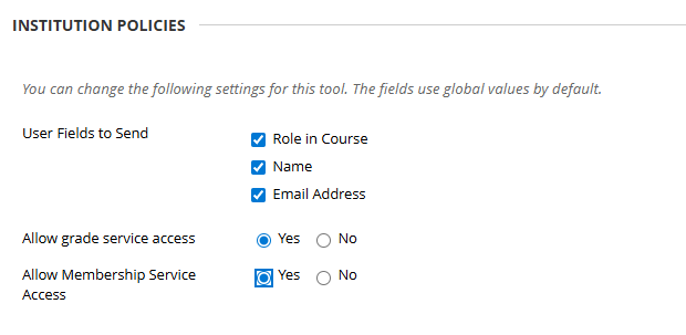 Screenshot of Blackboard institution policies.