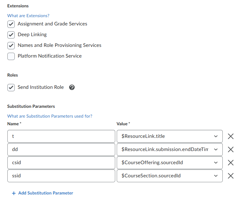 Screenshot of Extensions and Substitution Parameters.
