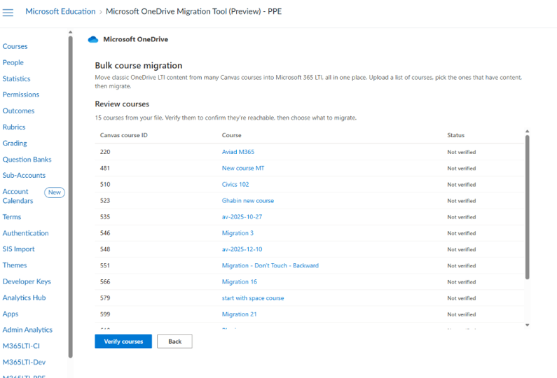 Screenshot of the location of course list.