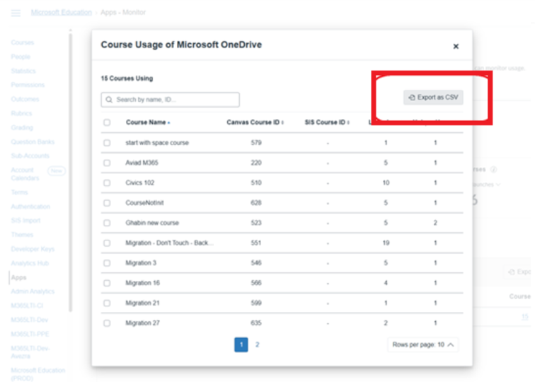 Screenshot of the location of number of export to csv option.