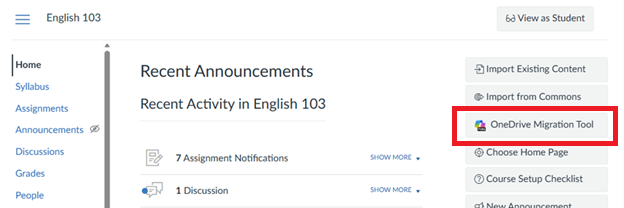 Screenshot of the Course Home page in Canvas showing the OneDrive Migration Tool button.