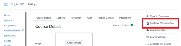 Screenshot of the Course Settings page in Canvas showing the OneDrive Migration Tool button.