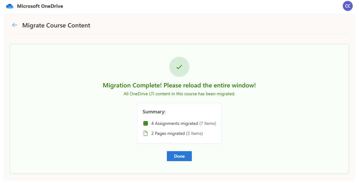 Screenshot showing migration complete.