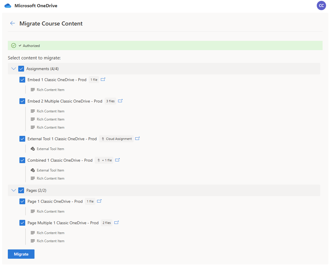 Screenshot of migrating course content.