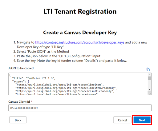 The LTI tenant registration page, which shows the JSON text and the text box the key should be copied into.