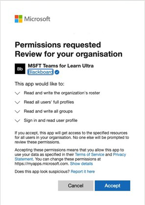 the permissions window for Microsoft and Blackboard.