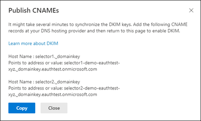 The Publish CNAMEs pop-up window that contains the two CNAME records to copy