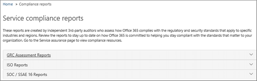 Shows the Service assurance page: Service Compliance Reports.