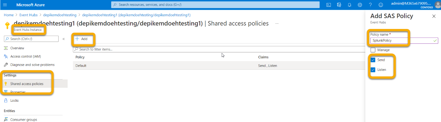 The Shared access policies page in the Microsoft Azure portal