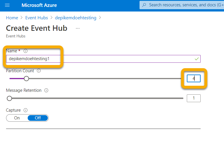 An event hubs creation section in the Microsoft Azure portal