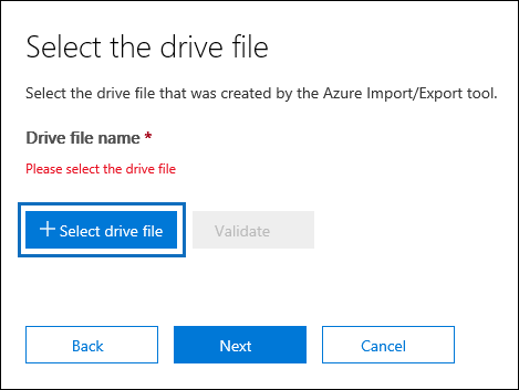 Click Select drive file to submit the journal file that was created when you ran the WAImportExport.exe tool.